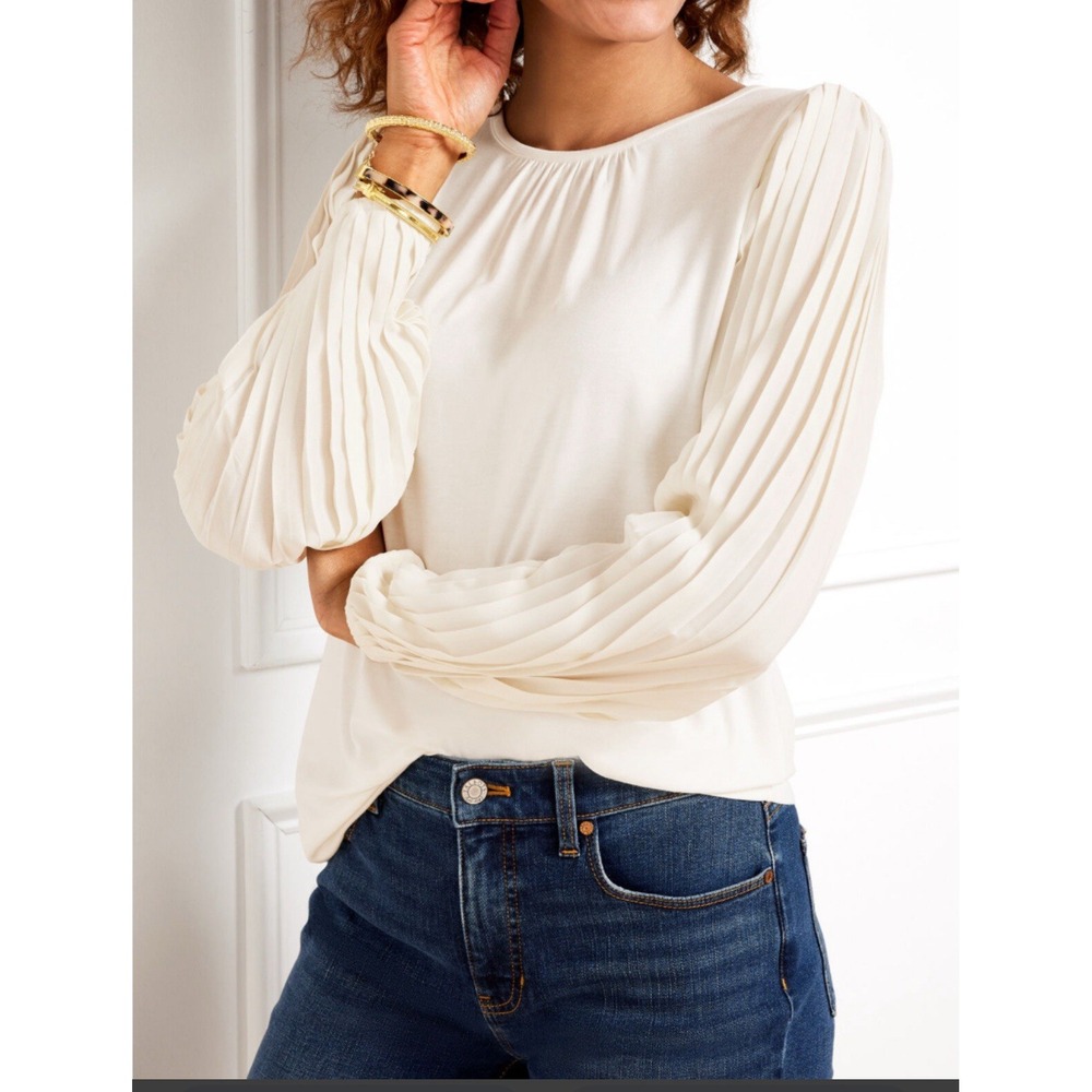 Talbots Women 2X Ivory Pleated Puff‎ Long Sleeve Preppy Elegant Crew Neck Blouse